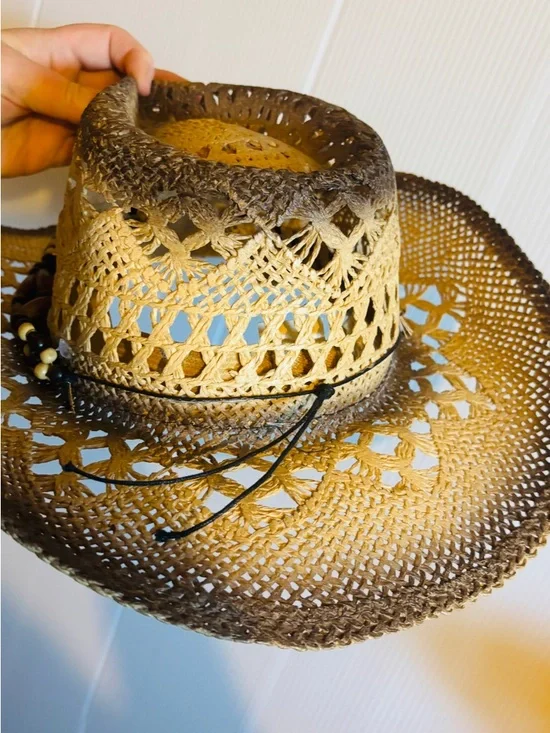 Beaded Straw Cowgirl Hat with Turquoise Concho - Tan/Brown - Picture 6 of 6